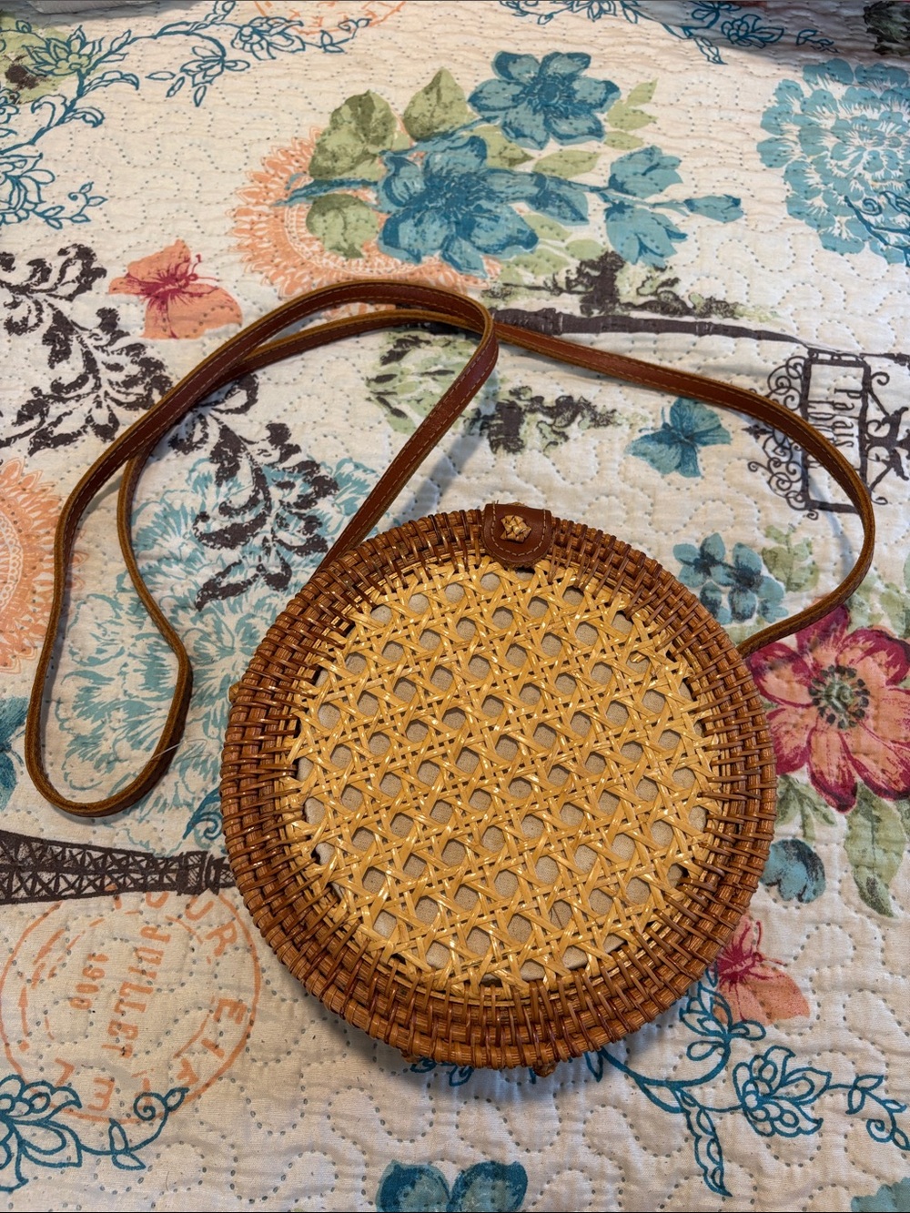 Round Handwoven Rattan Crossbody Bag in Tan/Brown